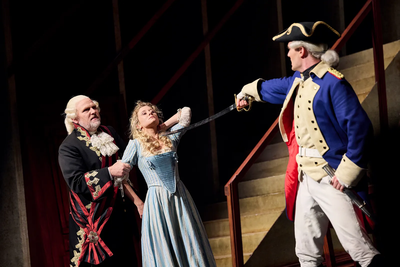 KABALE UND LIEBE Ein bürgerliches Trauerspiel von Friedrich Schiller Spielzeit 2023/2024 / Premiere: 15.9.2023 Oliver Jaksch, Farina Violetta Giesmann, Benedikt Haefner Foto: Marti…